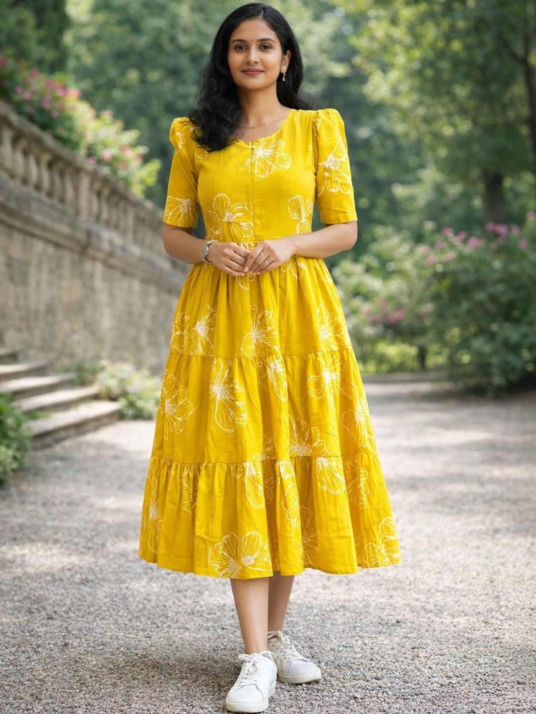 PakhiCreations Floral Print Puff Sleeve Fit & Flare Midi Dress