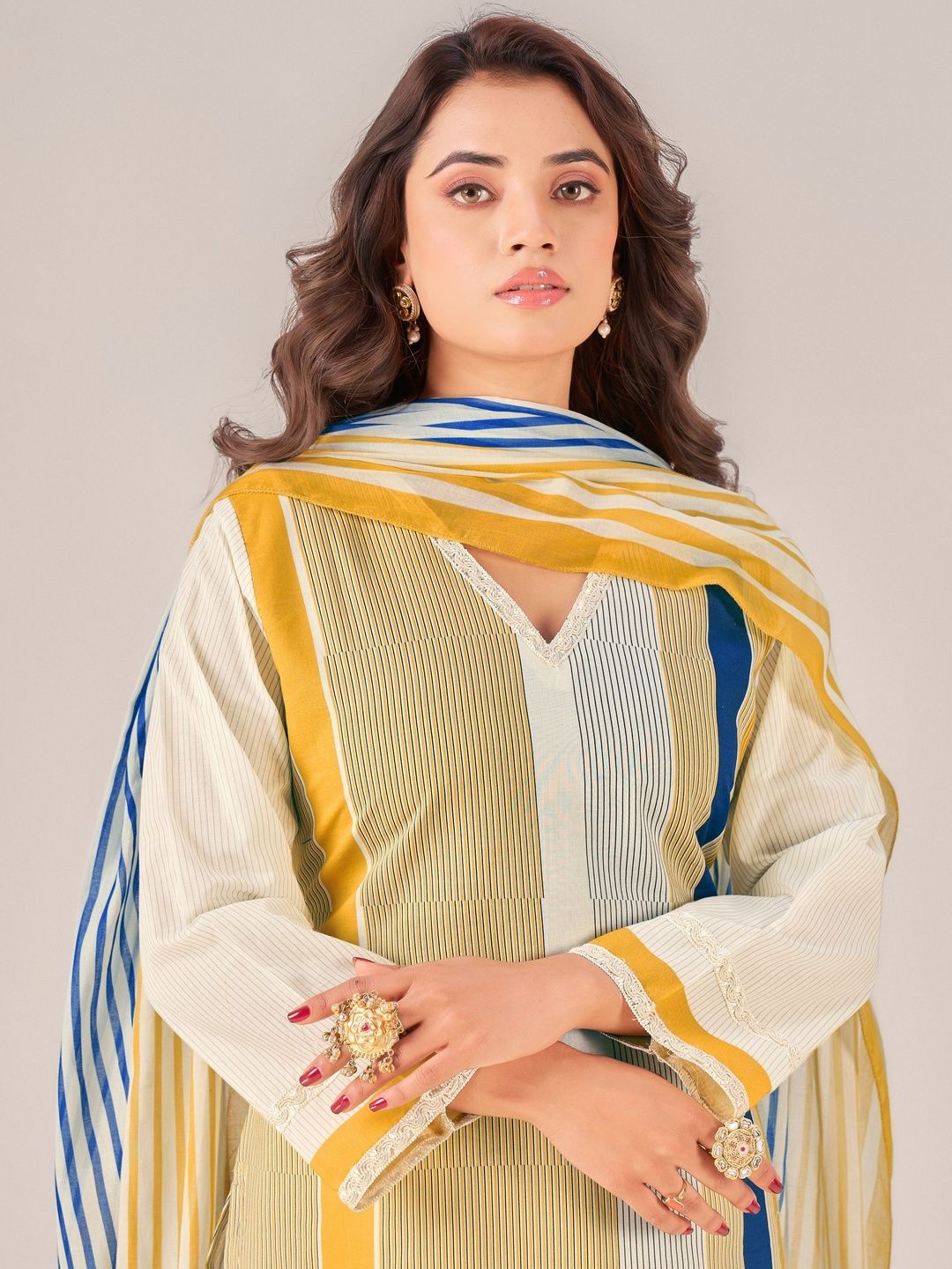 IOLY Women Striped Regular Pure Cotton Kurta with Palazzos & With Dupatta