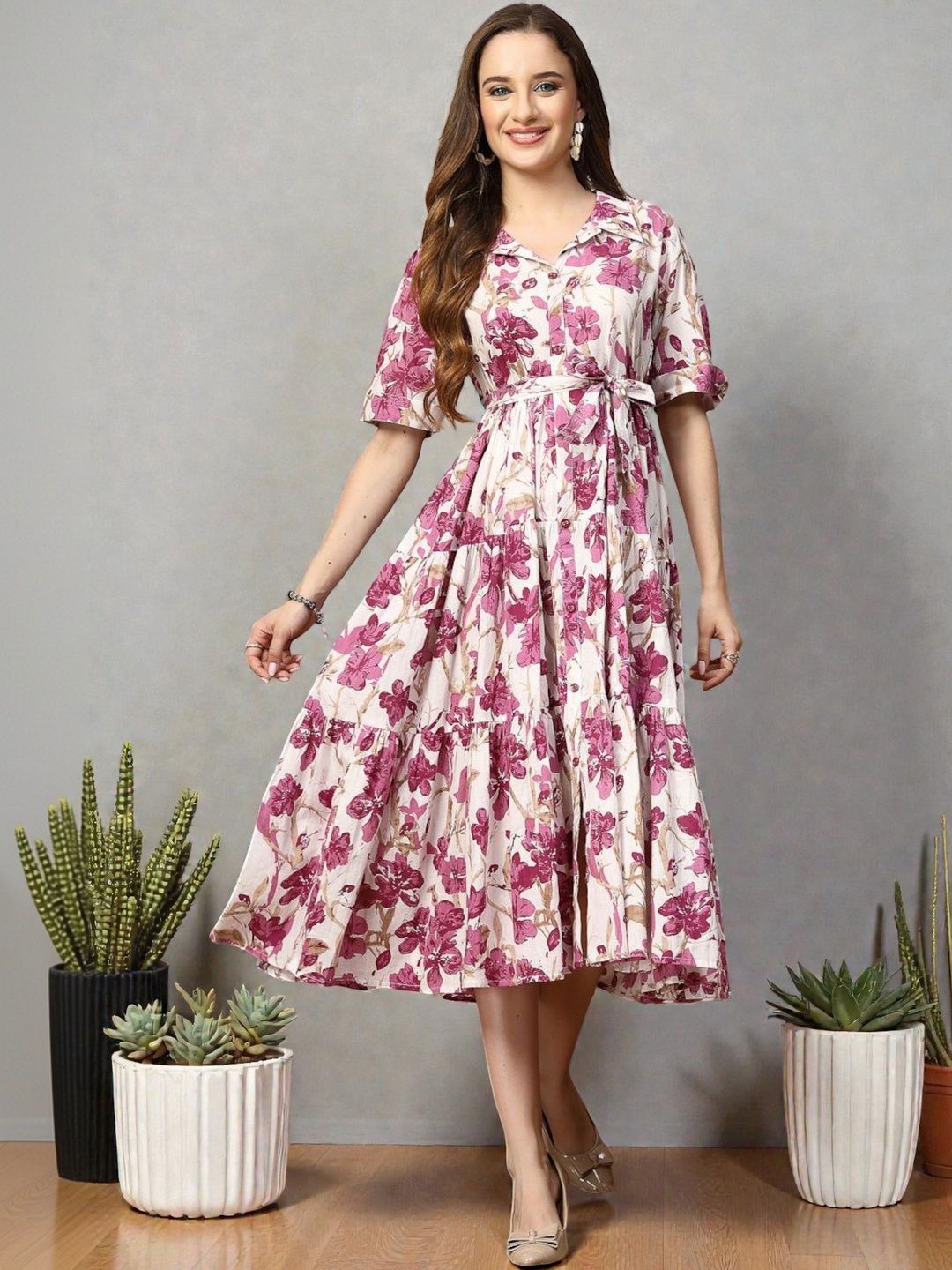 Moda Rapido Floral Print Crepe Fit & Flare Midi Dress