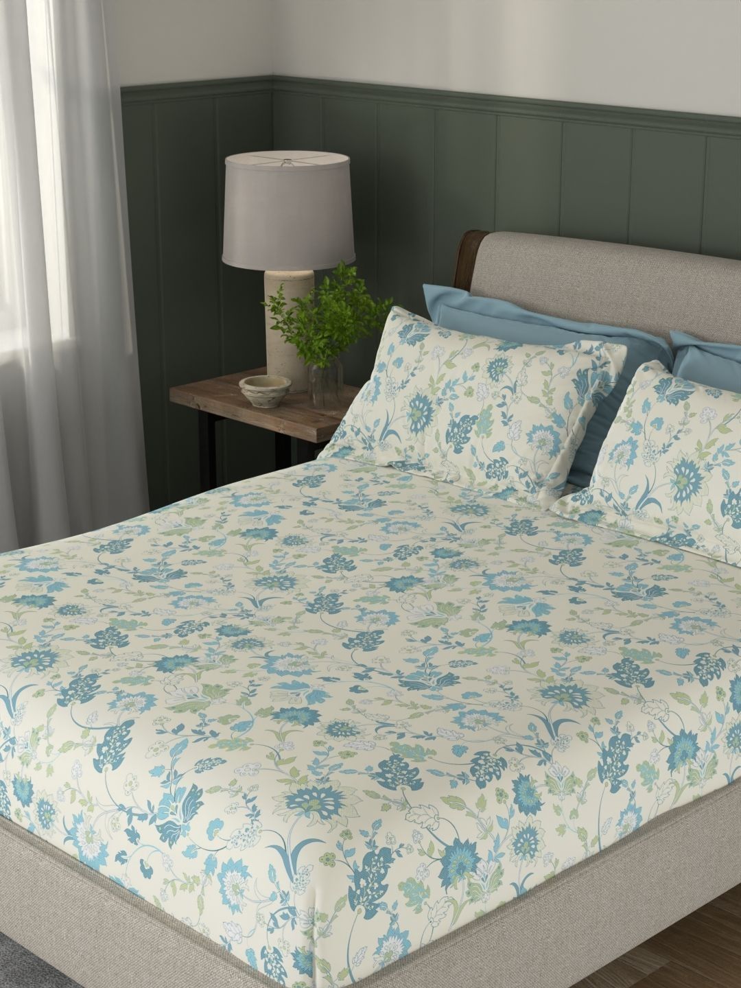 STELLAR HOME BY PORTICO Cream-Coloured Floral 120 TC Bedsheet with 2 Pillow Covers