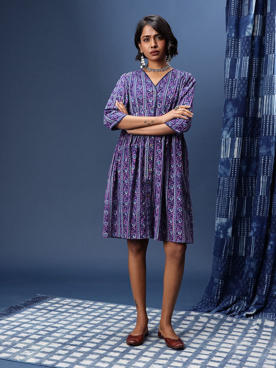 Taavi Ethnic Printed A-Line Indigo  Ethnic Dress