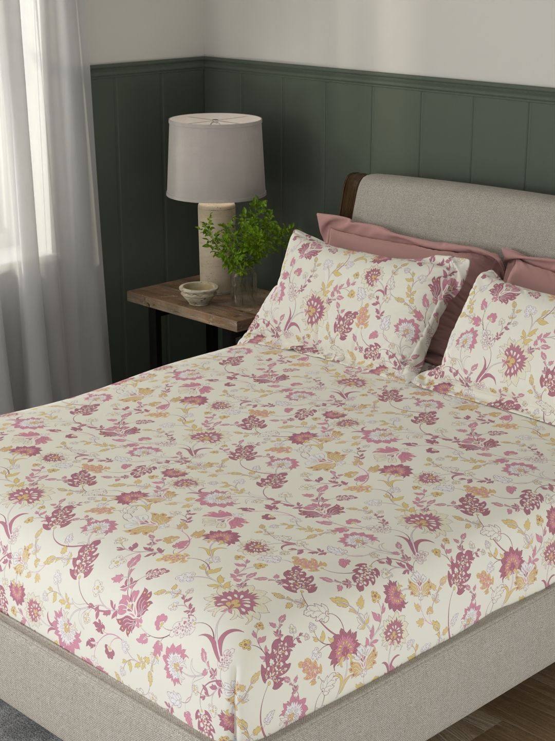 STELLAR HOME BY PORTICO Cream-Coloured Floral 120 TC Bedsheet with 2 Pillow Covers