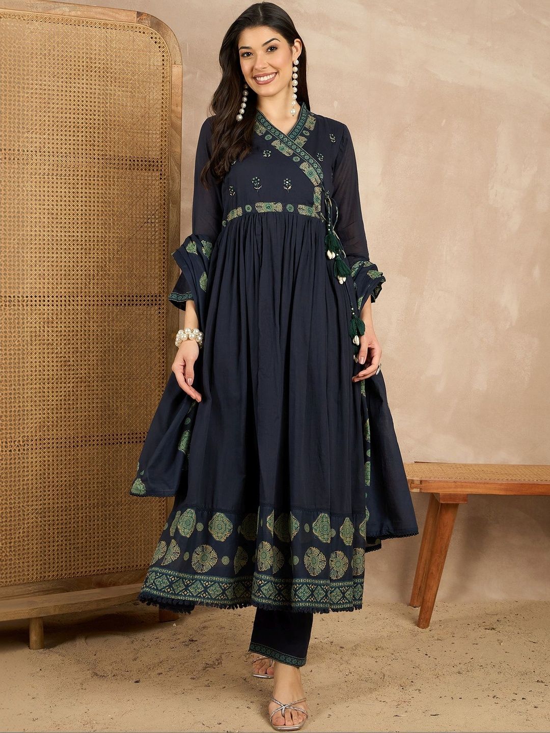 CHETI Women Ethnic Motifs Printed Angrakha Beads and Stones Kurta with Trousers & With Dupatta