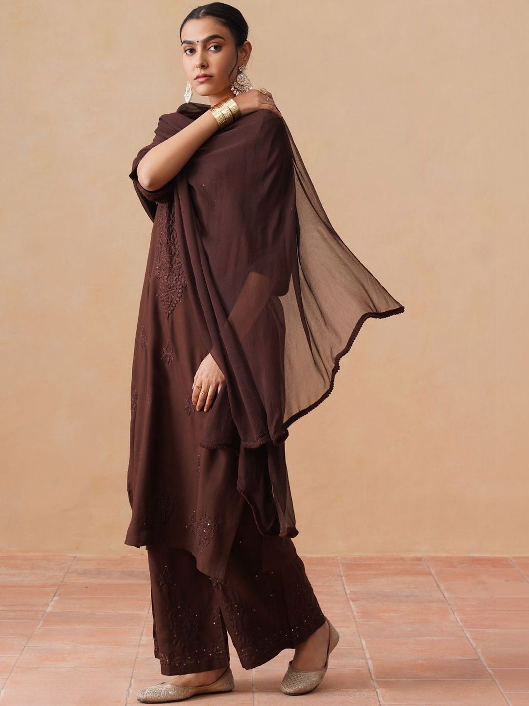 Embroidered Regular Thread Work Kurta with Palazzos & With Dupatta
