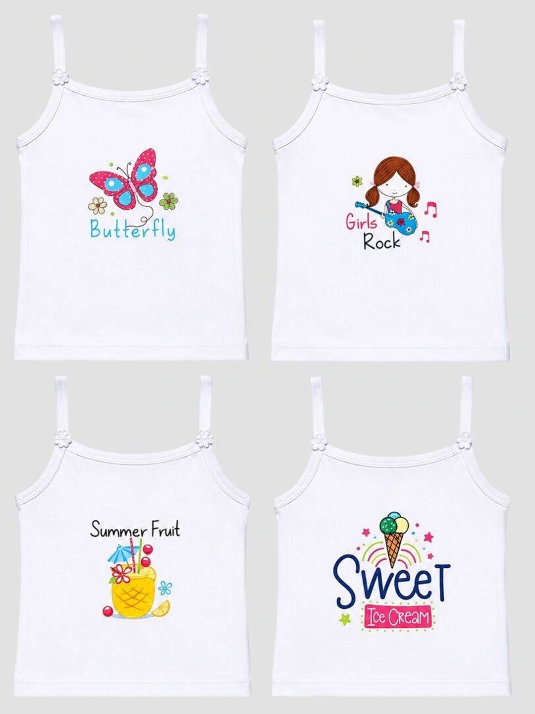 DYCA Girls Pack Of 4 White Printed Cotton Camisoles