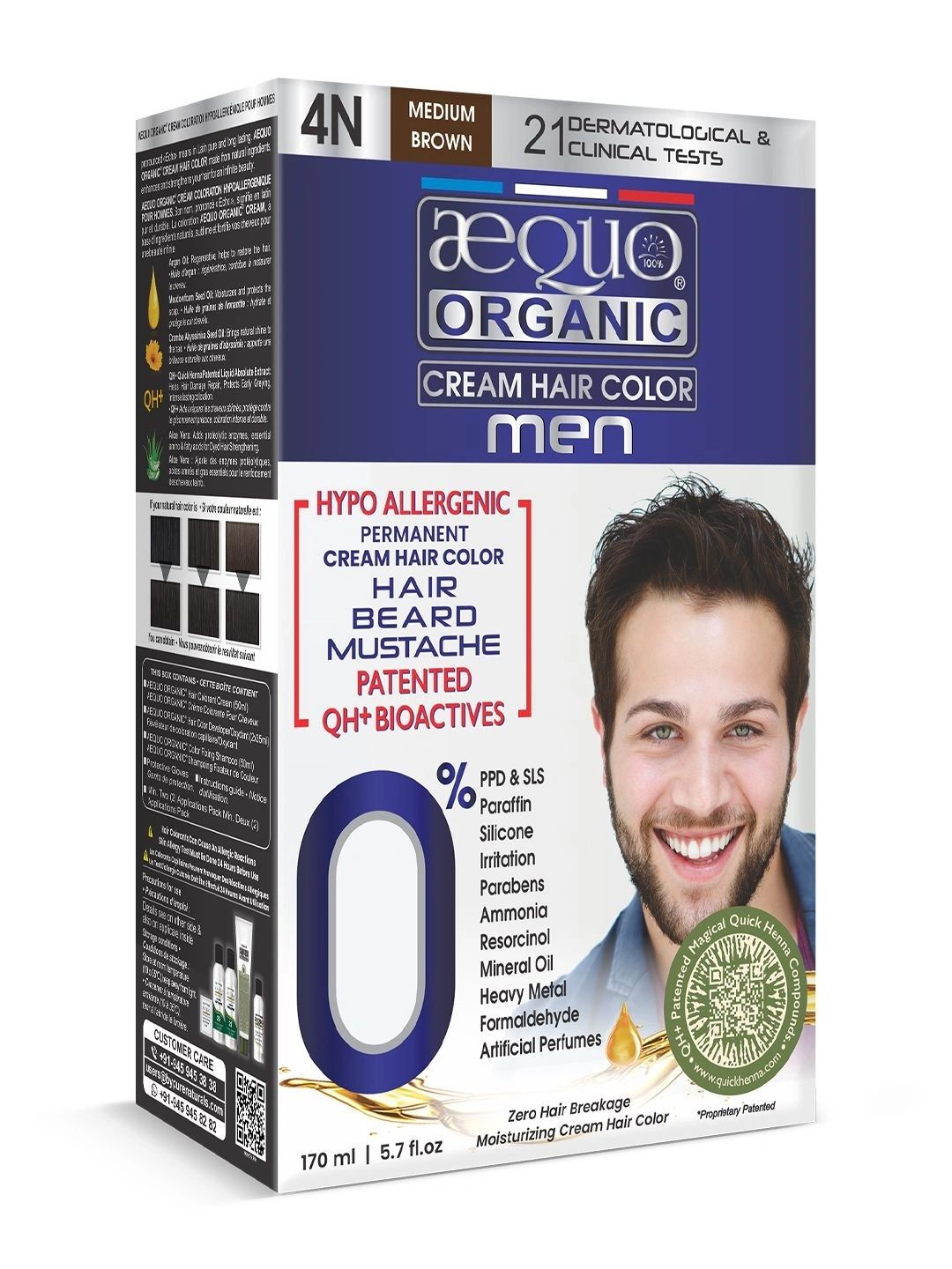 Aequo Organic Men Permanent Hair Color for Hair Beard & Moustache 170ml - Medium Brown 4N