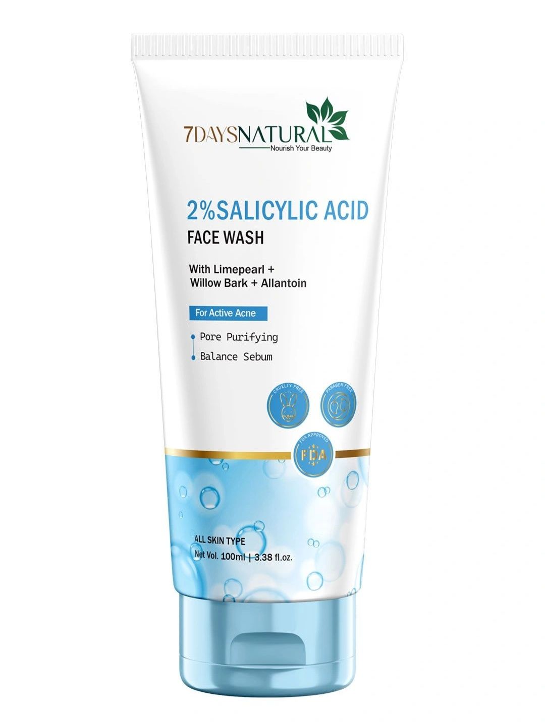 7DAYSNATURAL Face Wash With 2% Salicylic Acid & Neem For Acne & Oil Control - 100Ml
