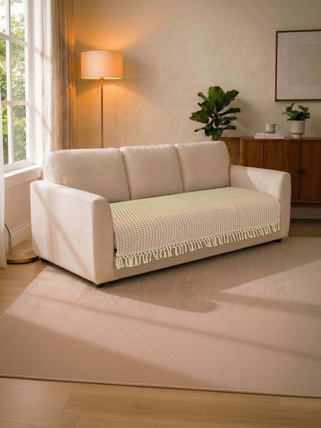 Saral Home Beige Cotton Blend 1 Piece Sofa Cover Without Arms