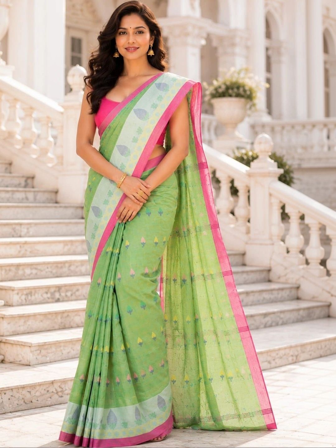 Laa Calcutta Floral Woven Design Pure Cotton Taant Saree