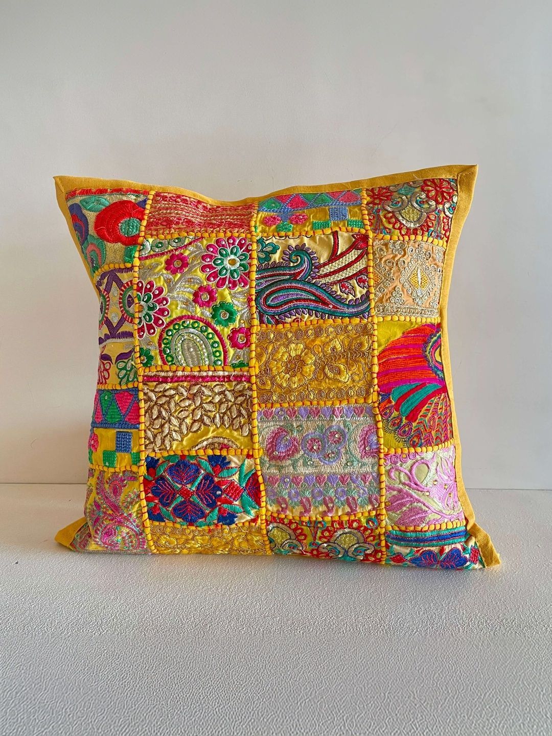 Atrangi Studio Yellow 2 Pieces Embellished Patchwork Cushion Cover