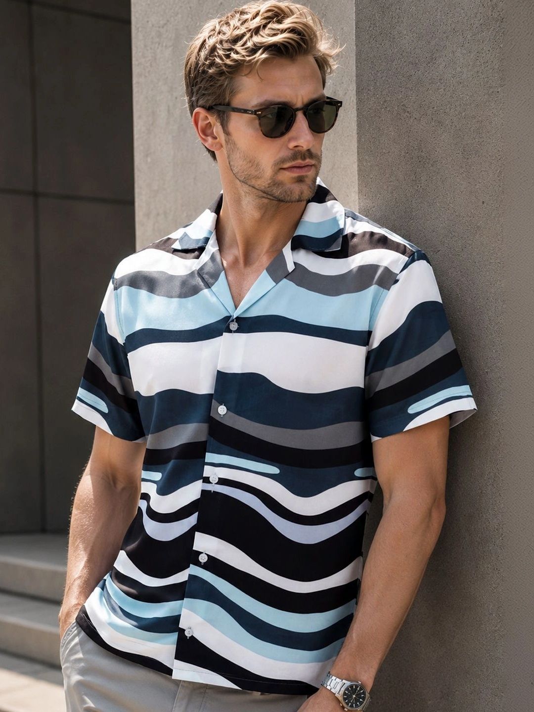 Hancock Men Relaxed Fit Cuban Collar Abstract Printed Casual Shirt