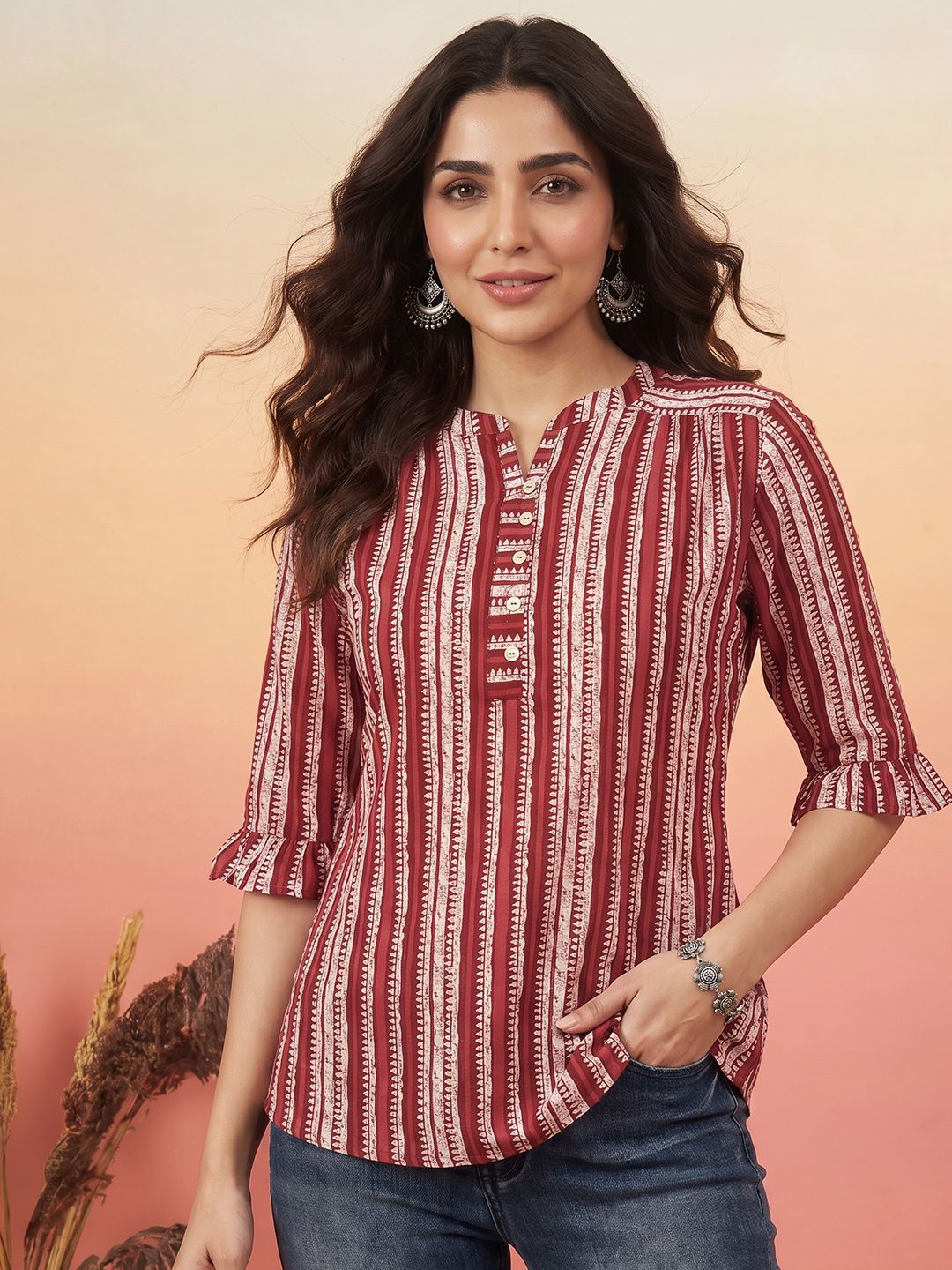 Janasya Ethnic Motifs Printed Mandarin Collar Bell Sleeve Pure Cotton A-Line Top
