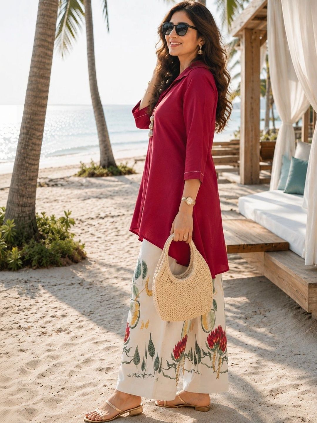 Tropical Cotton Solid Shirt with Palazzos 4