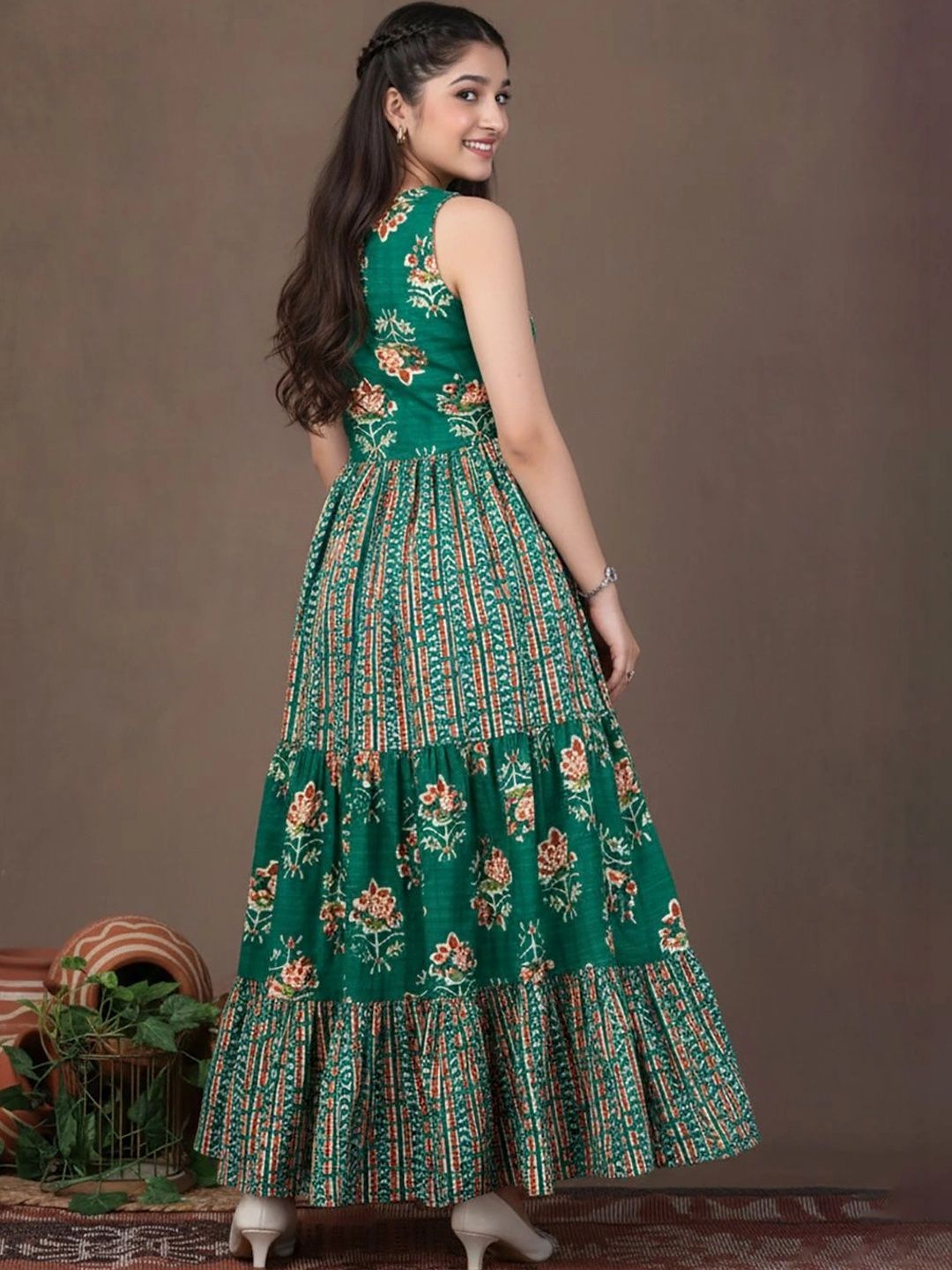 Girls Ethnic Motifs Printed Halter Neck Fit & Flare Maxi Ethnic Dress 2