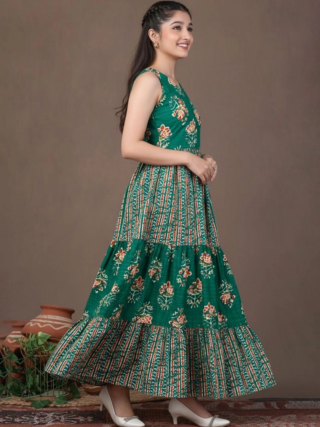 Girls Ethnic Motifs Printed Halter Neck Fit & Flare Maxi Ethnic Dress 3