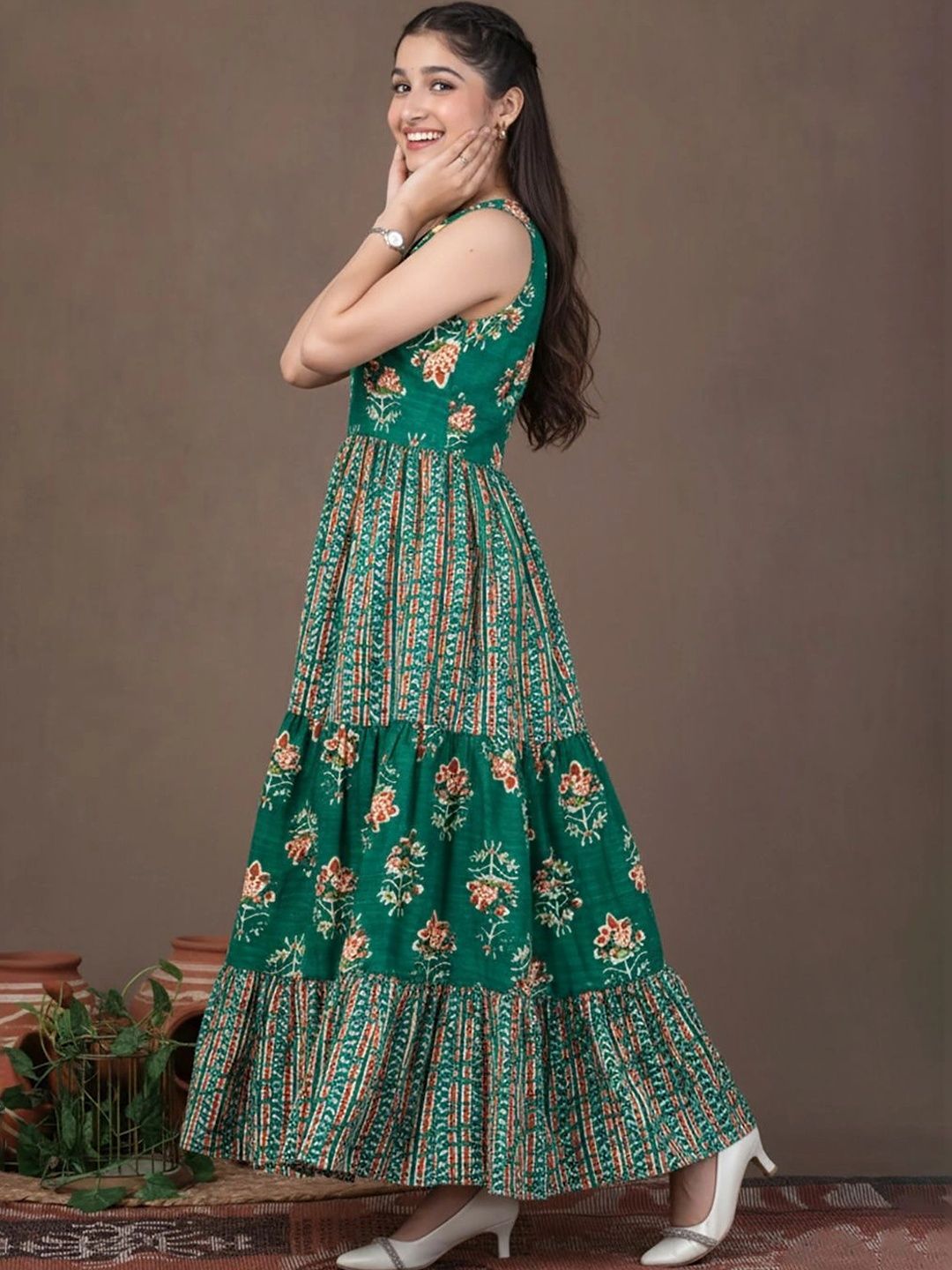 Girls Ethnic Motifs Printed Halter Neck Fit & Flare Maxi Ethnic Dress 5