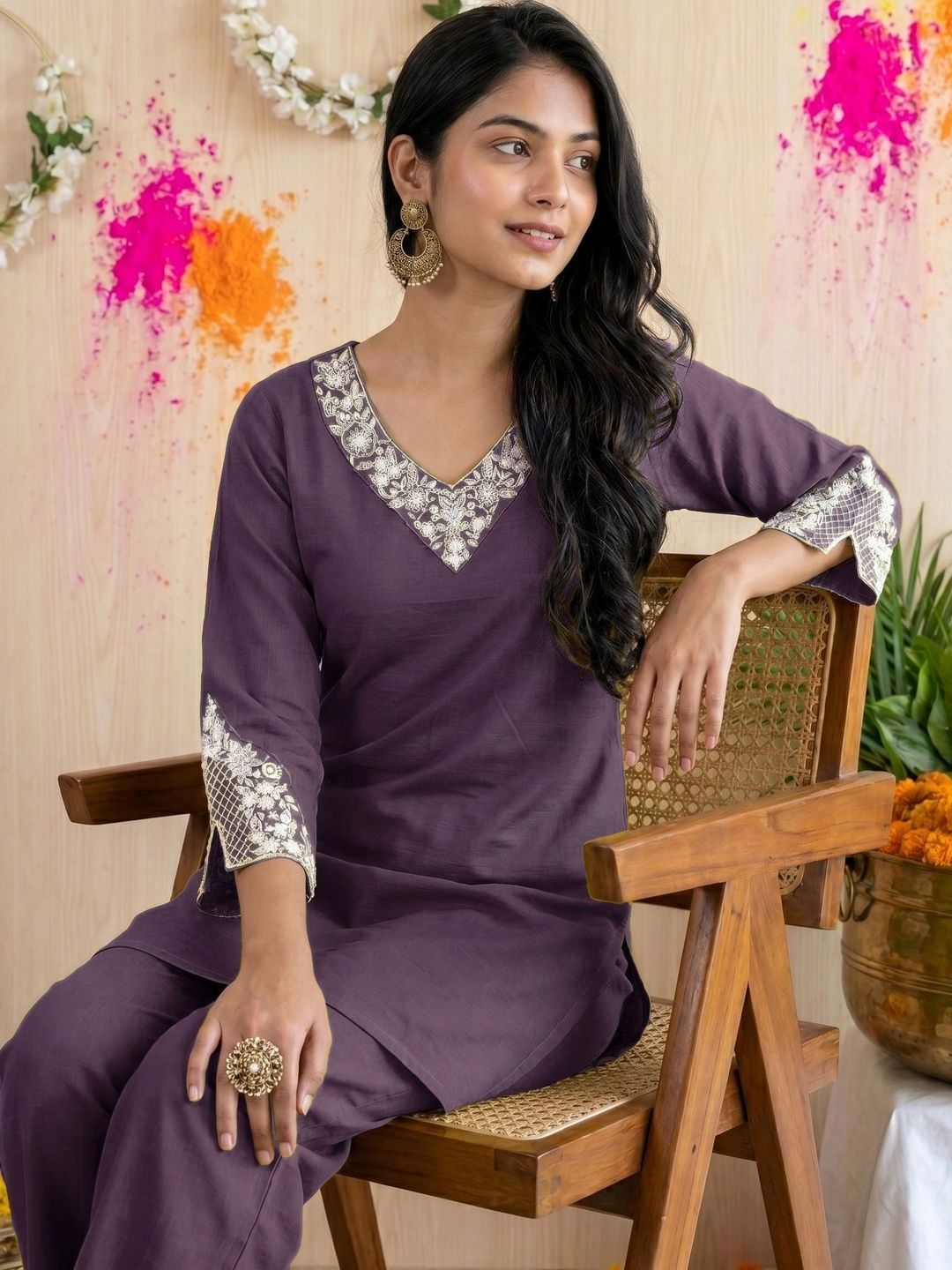 Fashionior Women Ethnic Motifs Embroidered Regular Thread Work Kurta with Trousers