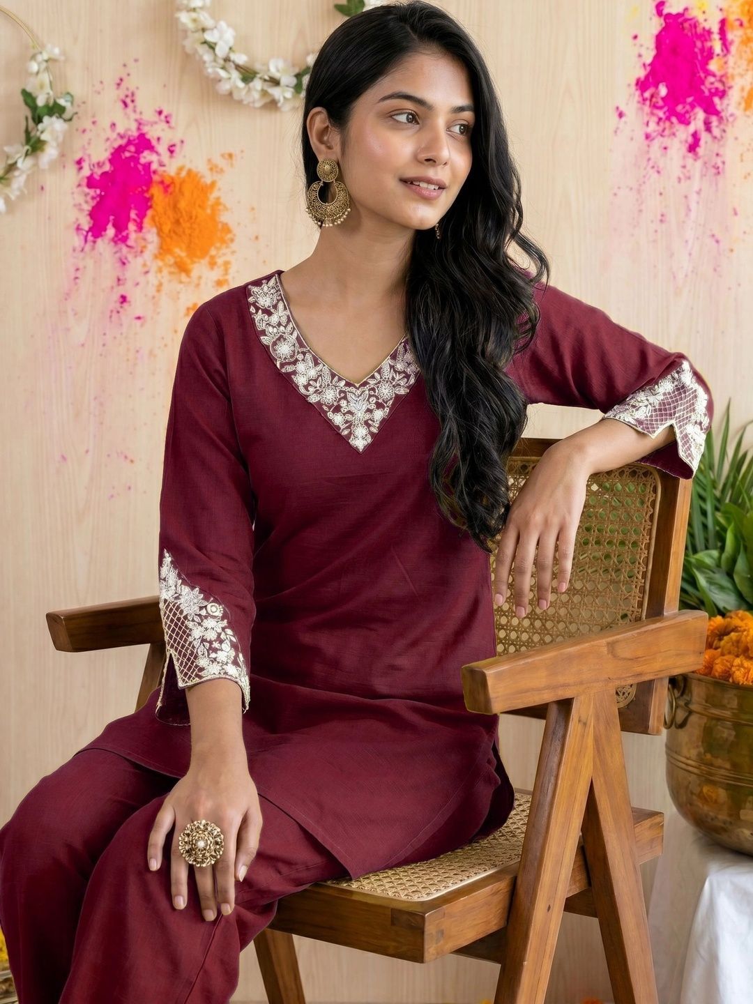 Fashionior Women Ethnic Motifs Embroidered Regular Thread Work Kurta with Trousers