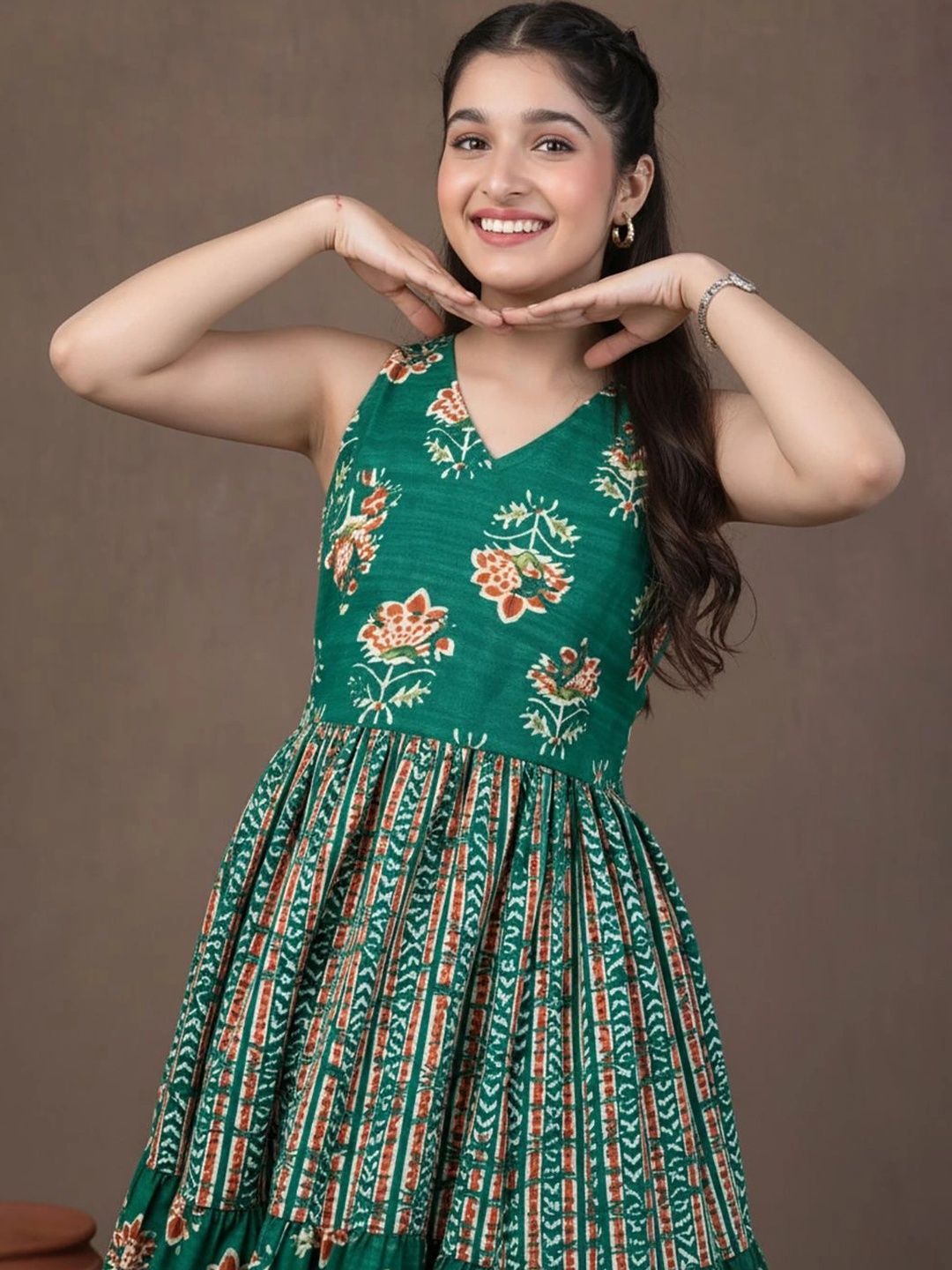 Girls Ethnic Motifs Printed Halter Neck Fit & Flare Maxi Ethnic Dress 4