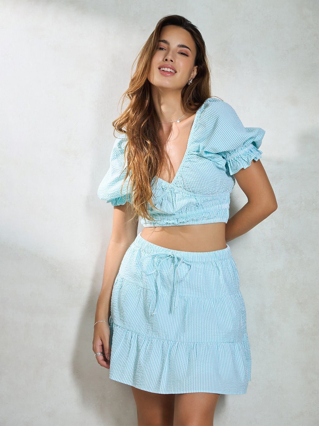 Virgio Cotton Blue Tiered Mini Skirt With Tie