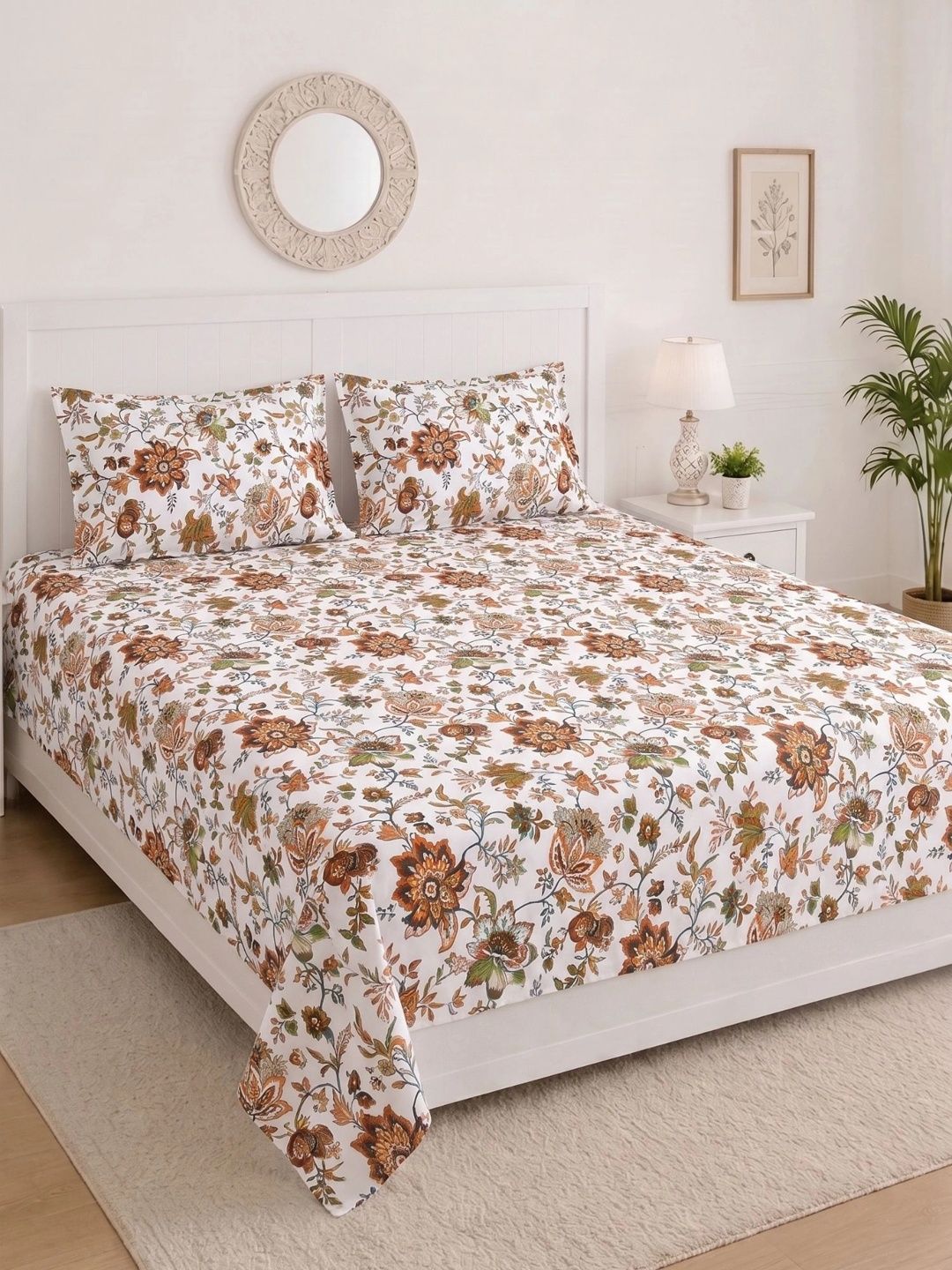 MAFATLAL Brown & White Floral 144 TC King Bedsheet with 2 Pillow Covers