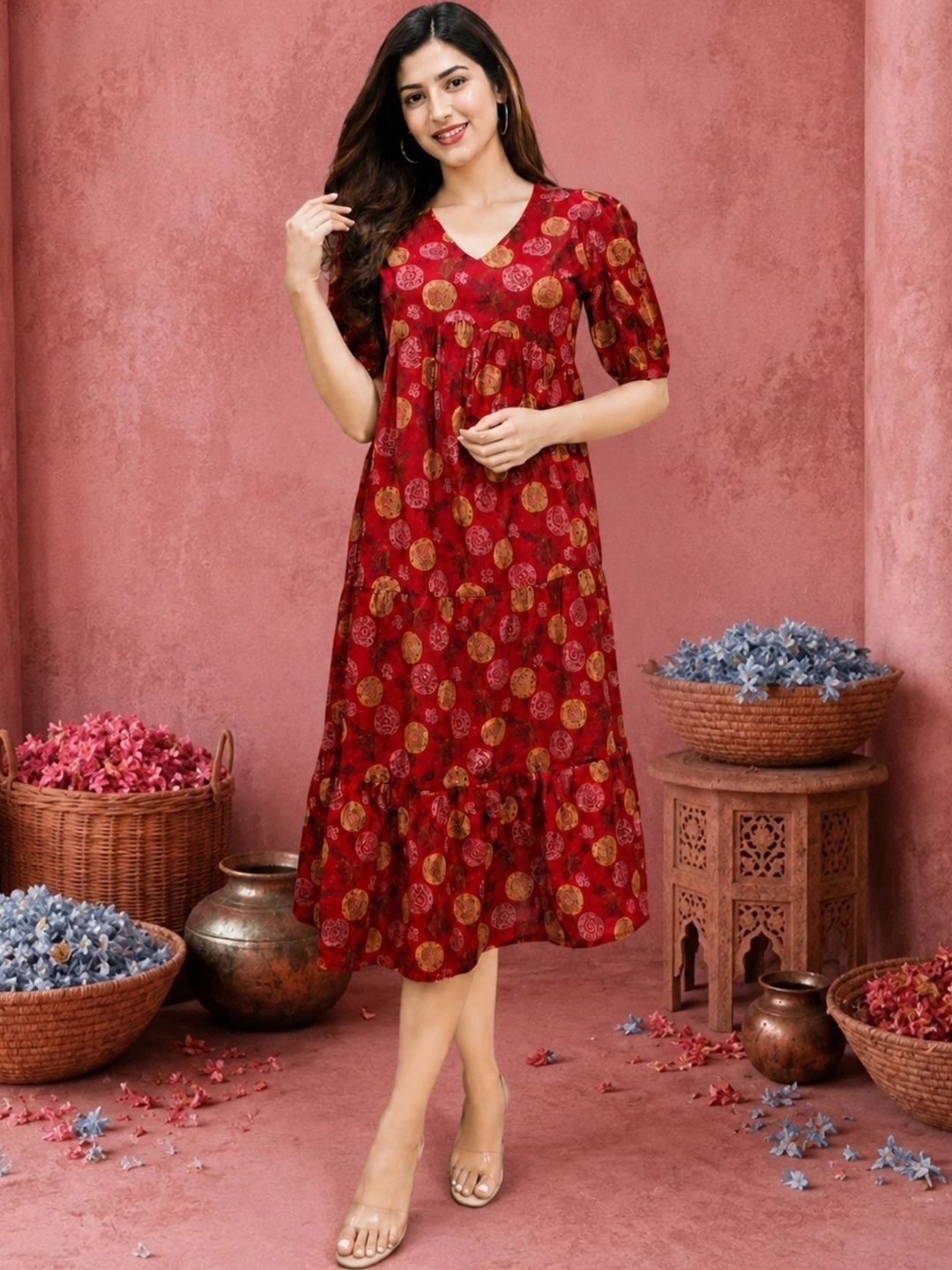 NAVYAAZRI Ethnic Motifs Print Puff Sleeve A-Line Dress