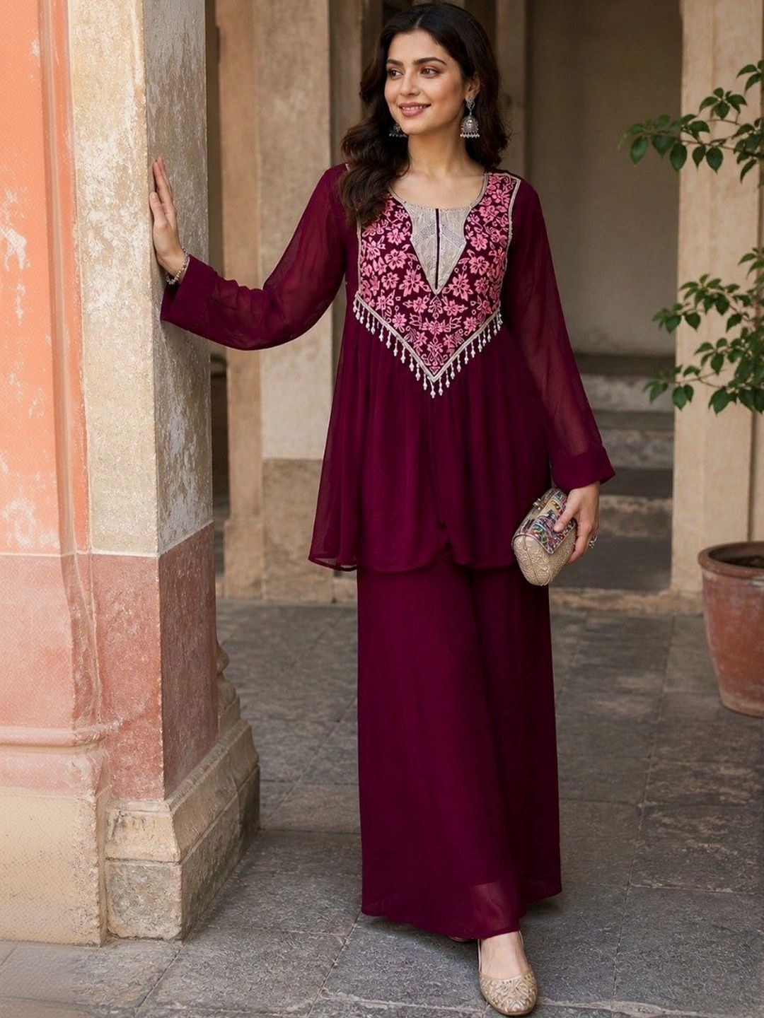 GMIYA Women Floral Embroidered Empire Thread Work Kurti with Palazzos