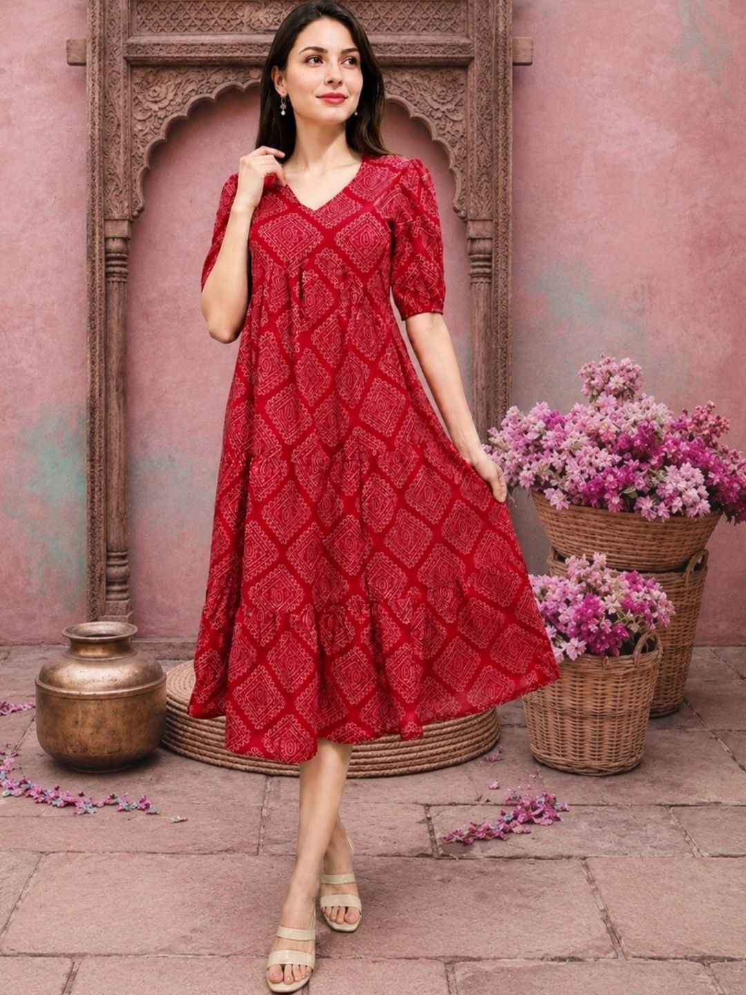 NAVYAAZRI Bohemian Print Puff Sleeve A-Line Dress
