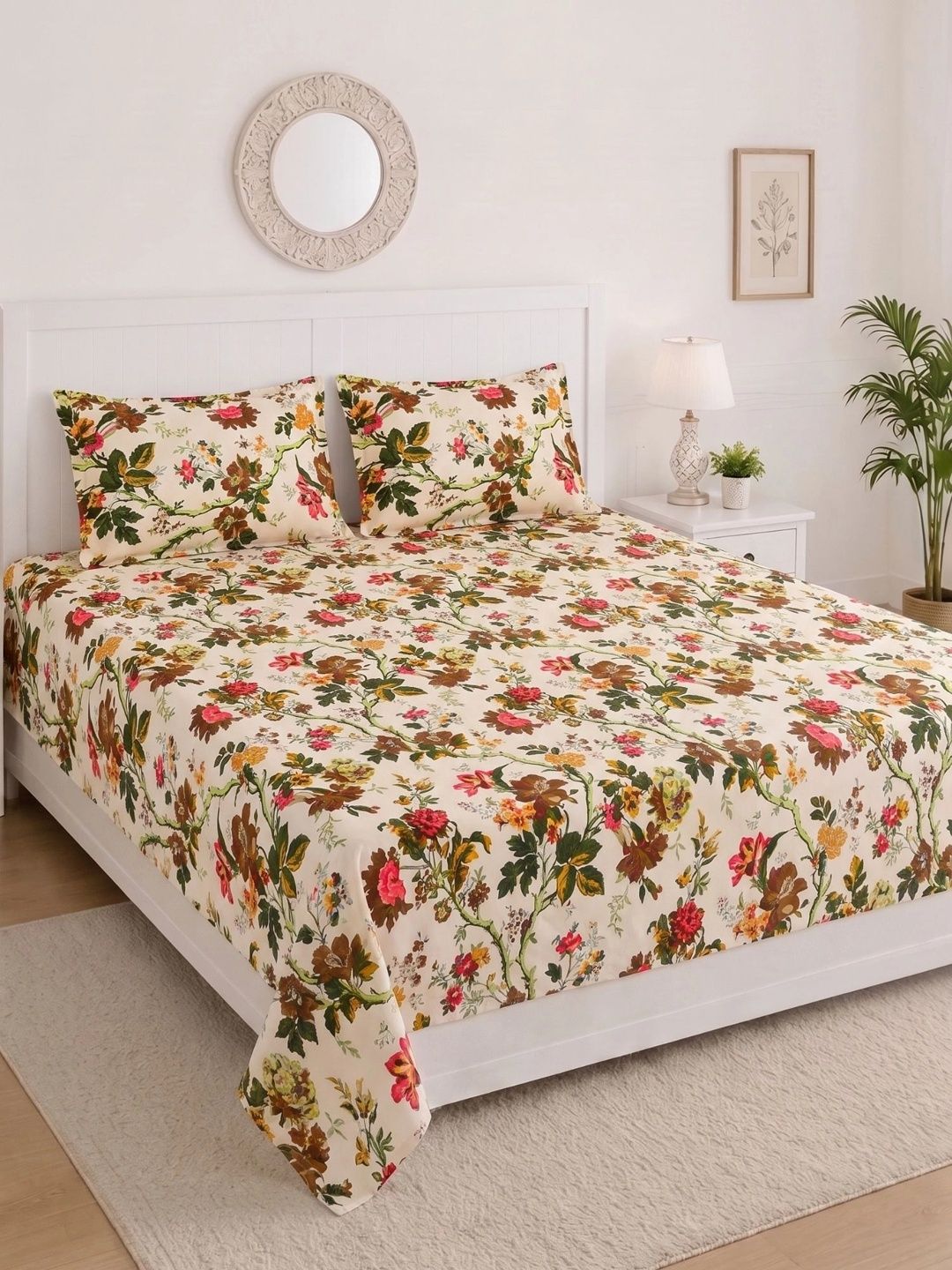 MAFATLAL Beige & Green Floral 144 TC King Bedsheet with 2 Pillow Covers