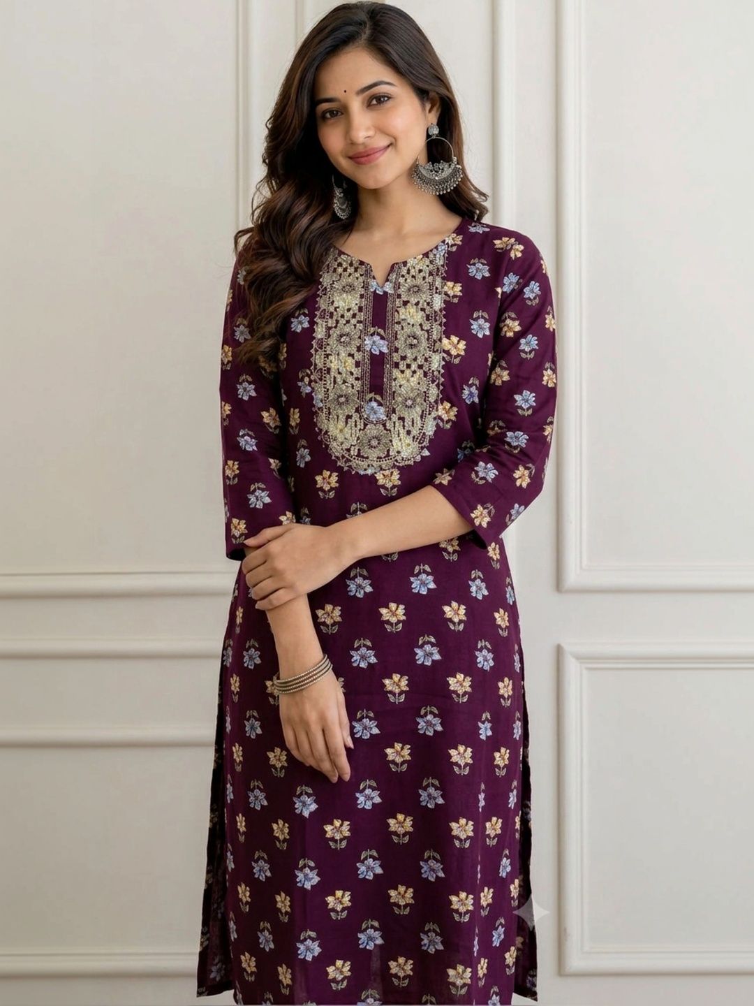 Zyla Straight Cotton embroidered yoke kurta for women