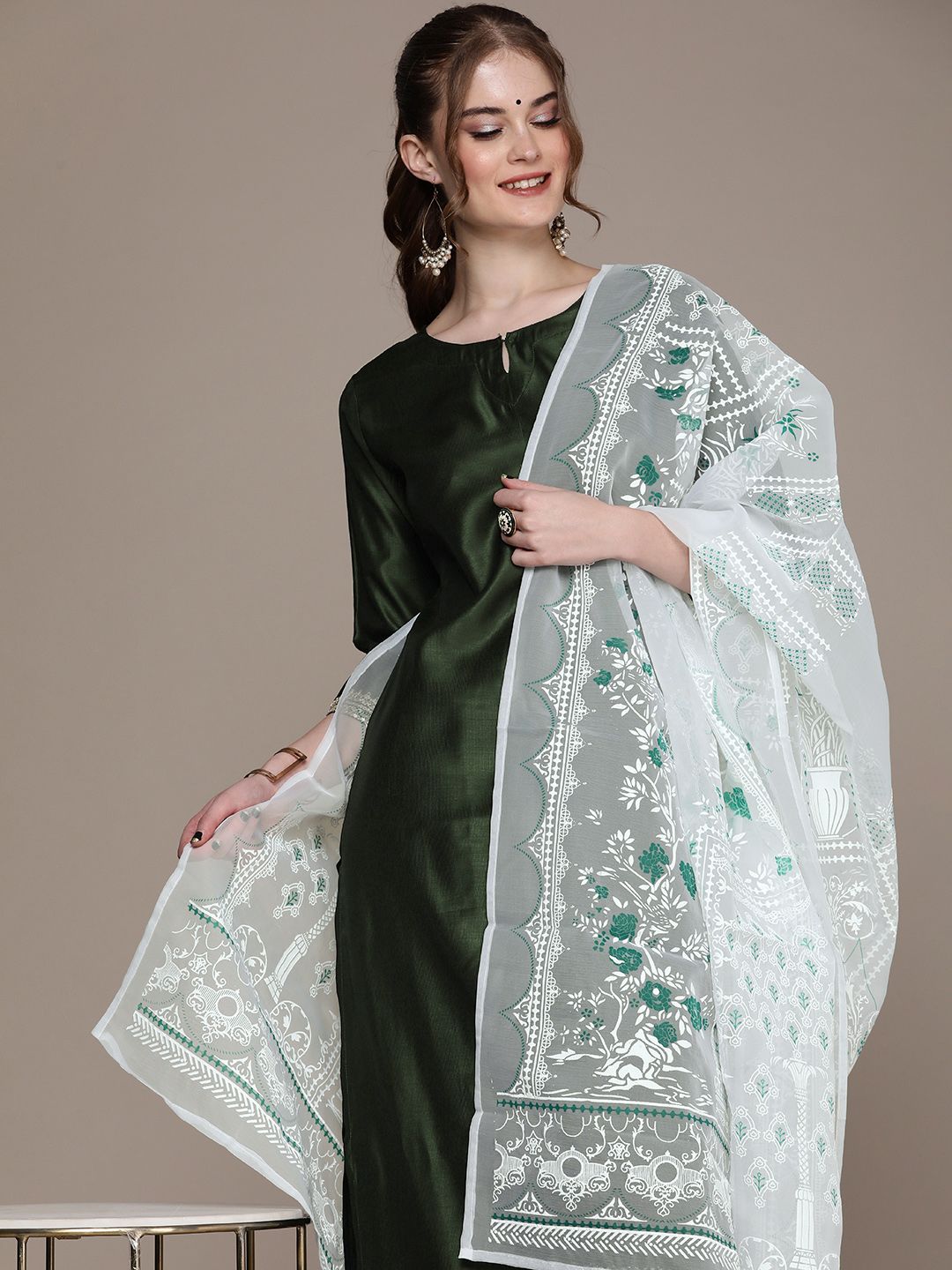 Anouk Women Green Embroidered Regular Sequinned Liva Kurta with Palazzos & With Dupatta