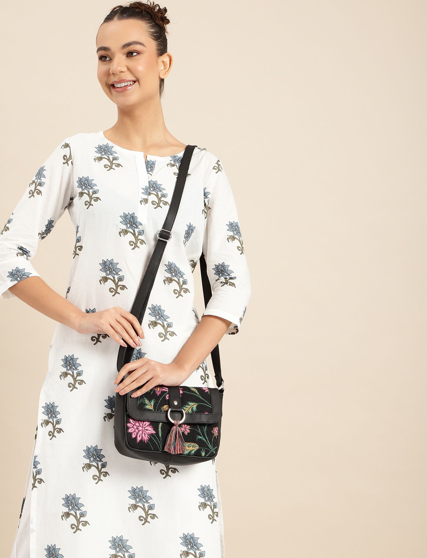 Buy Anouk Floral Printed Tasselled Cotton Structured Sling Bag -  - Accessories for Women
