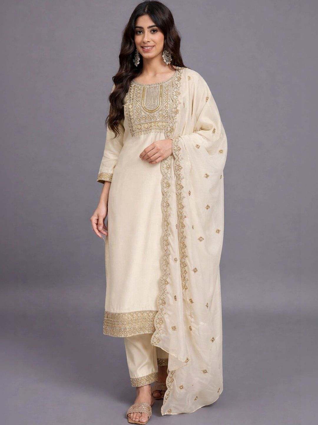 KALINI Women Ethnic Motifs Embroidered Regular Kurta with Trousers & With Dupatta