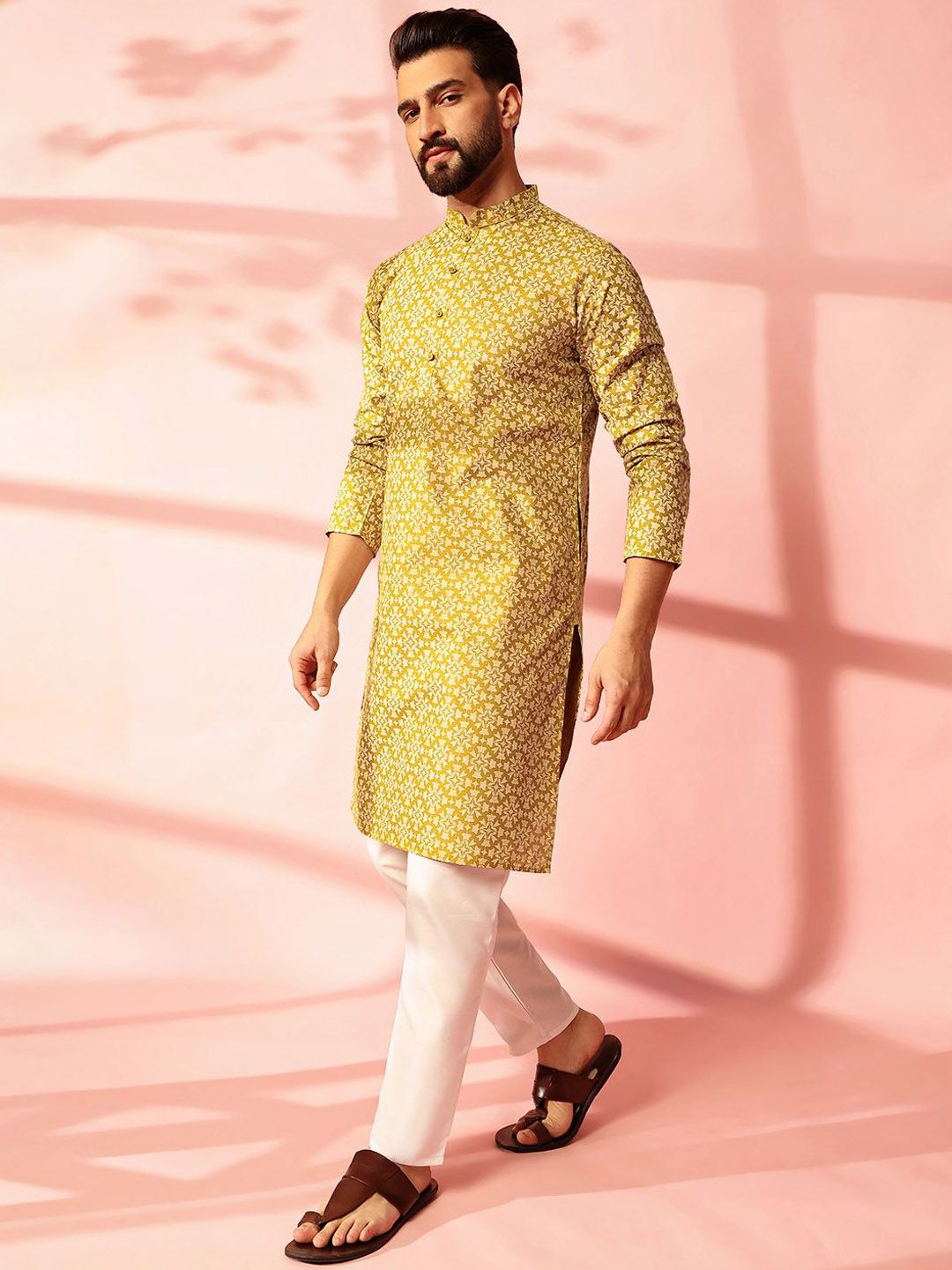 Anouk Floral Printed Mandarin Collar Straight Cotton Linen Kurta