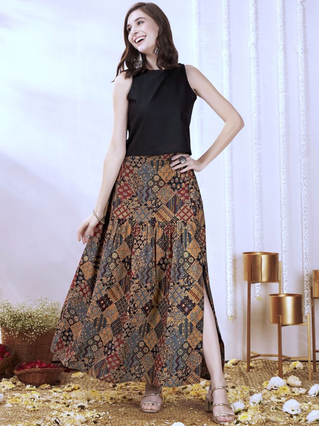 Buy Anouk Printed Round Neck Pure Cotton Top With Skirt -  - Apparel for Women
