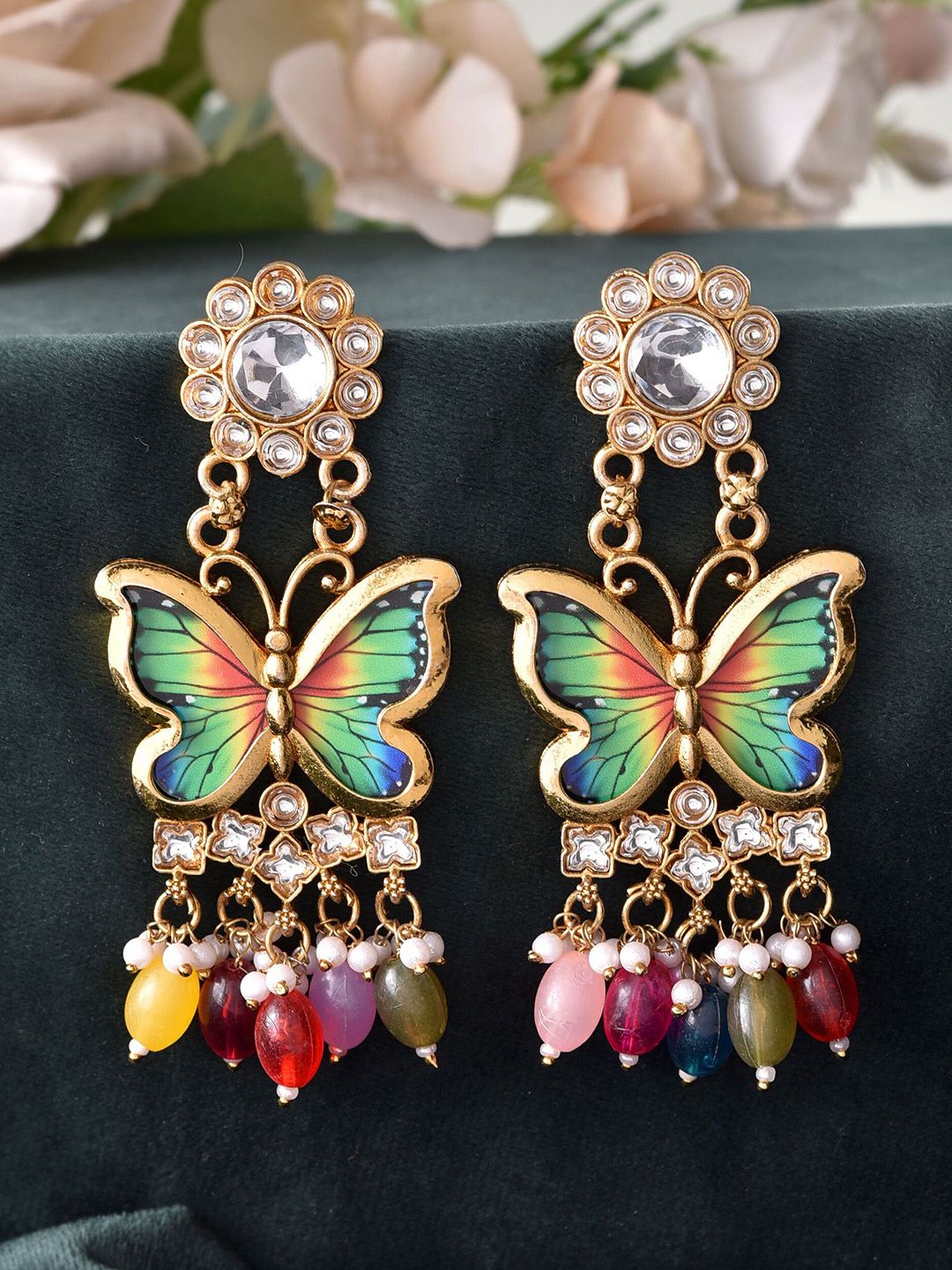 Anouk Stainless Steel Gold-Plated artificial stones studded & beaded Quirky Drop Earrings