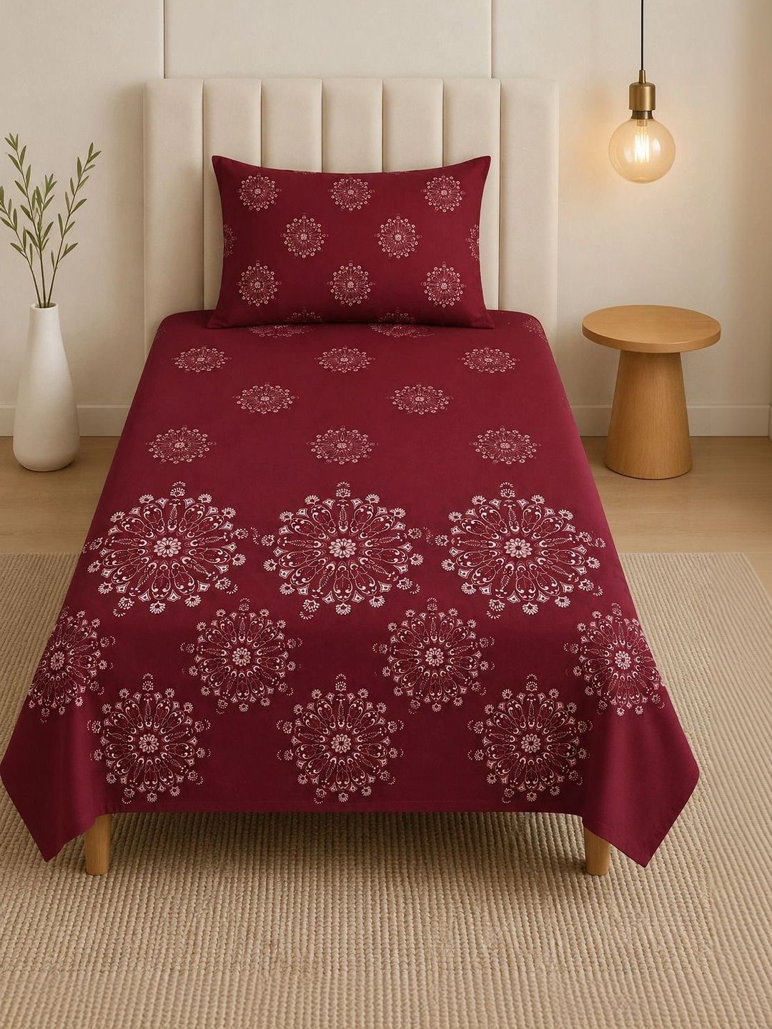 TINDLER KNOTS Maroon 144 TC Single Bedsheet with 1 Pillow Covers