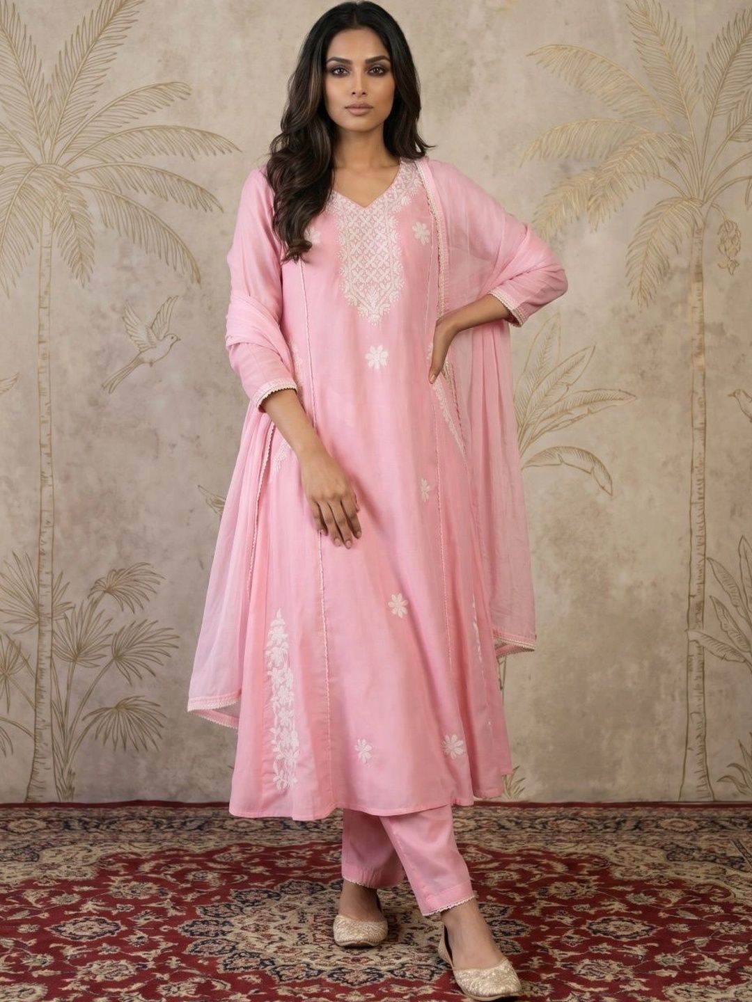 Sangria Women Ethnic Motifs Embroidered Regular Thread Work Kurta with Trousers & With Dupatta