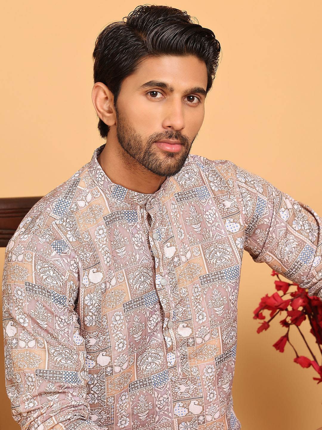 Anouk Brown Floral Printed Mandarin Collar Straiight Kurta