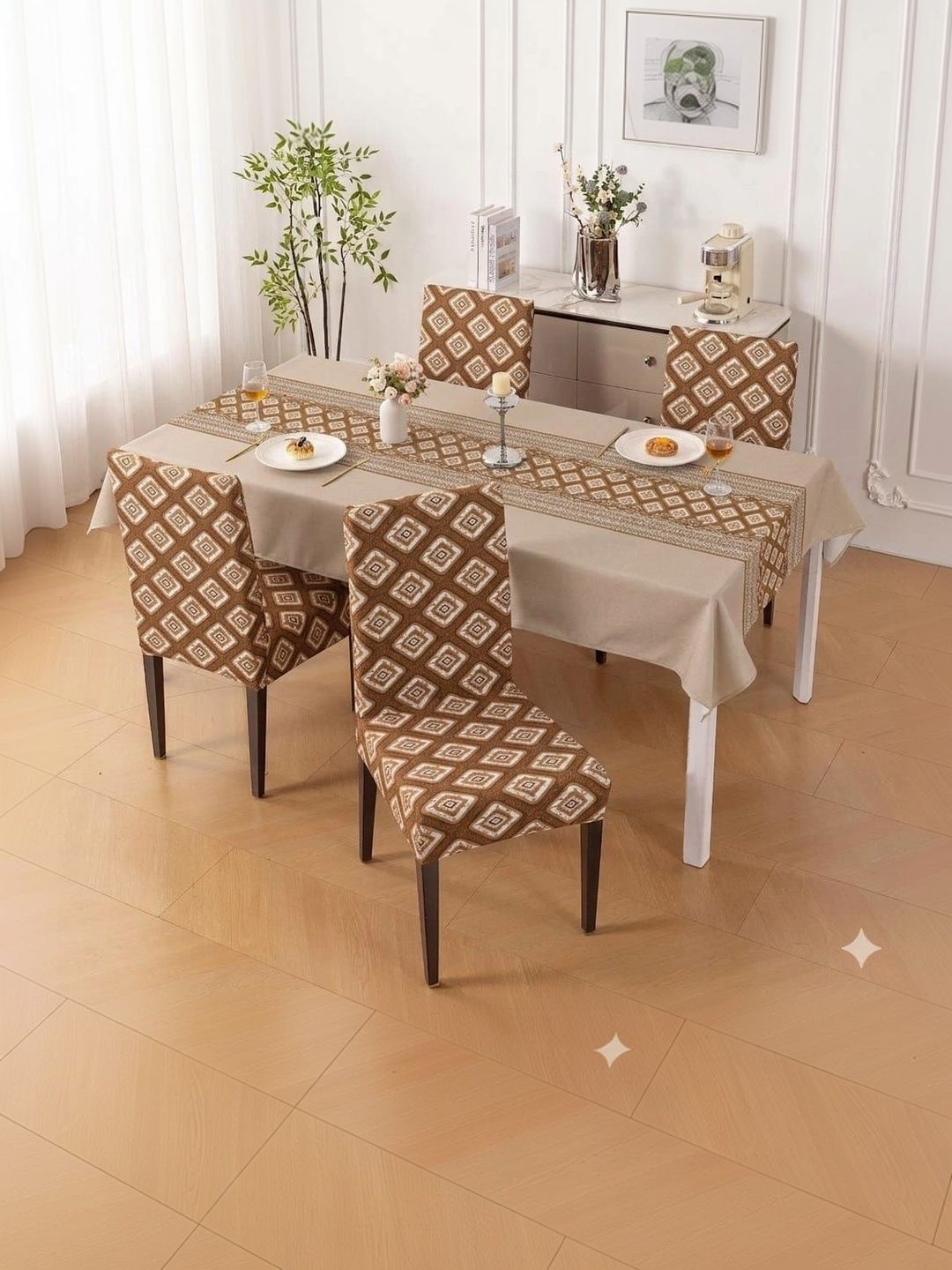 DFH Brown & Beige Printed 5-Pcs Chair Covers With Table Cover