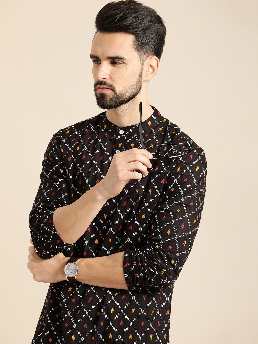 Anouk Men Black & Mustard Yellow Geometric Printed Kurta