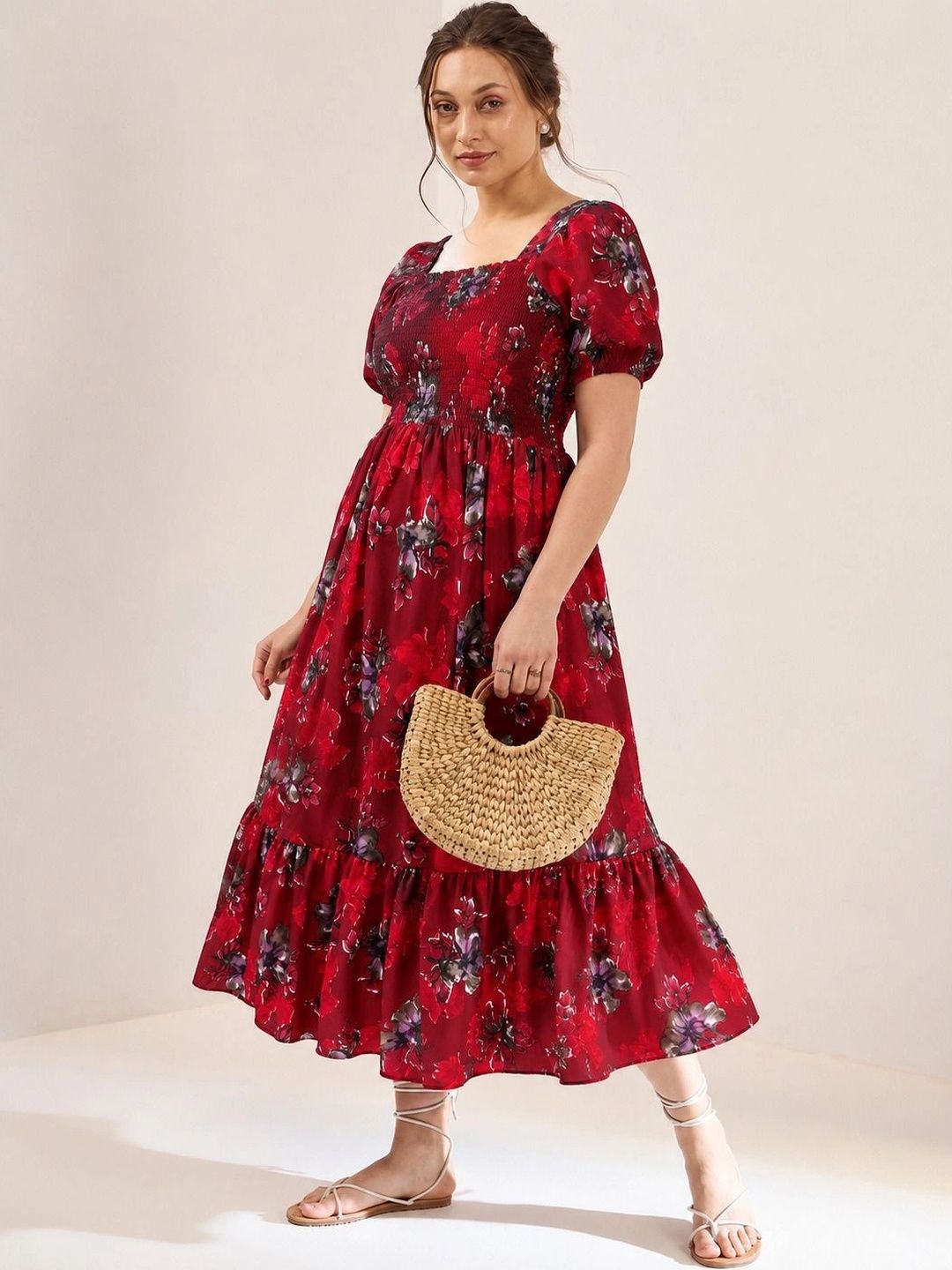 PTVIZE Floral Print Puff Sleeve A-Line Midi Dress