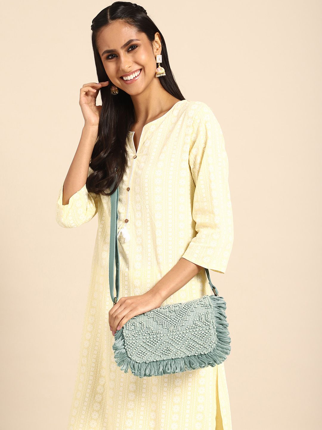 Buy Anouk Self Design Fringed Cotton Structured Sling Bag -  - Accessories for Women