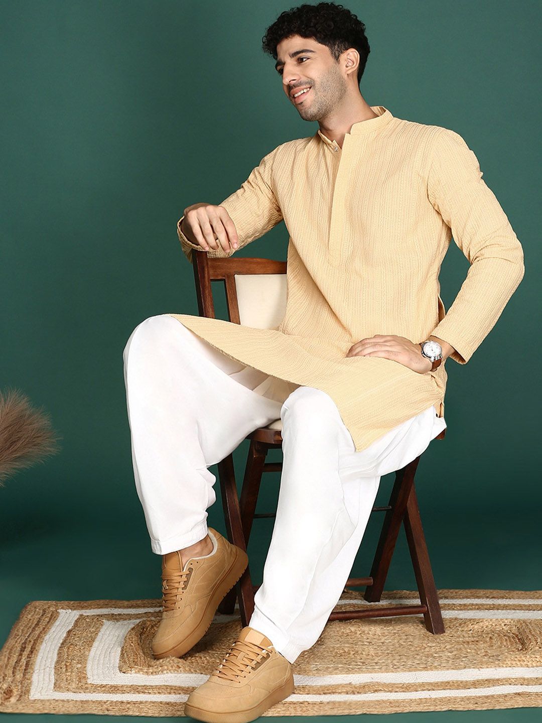 Anouk Beige Ethnic Motifs Embroidered Chikankari Cotton Straight Kurta