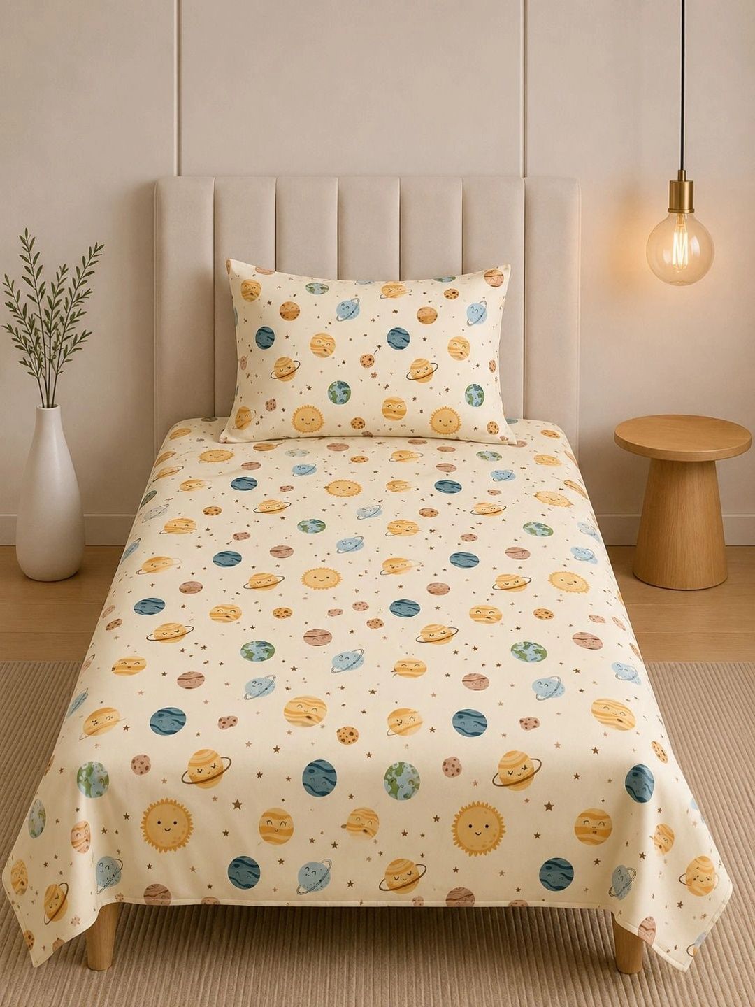 TINDLER KNOTS Beige Cartoon Characters 144 TC Single Bedsheet with 1 Pillow Covers