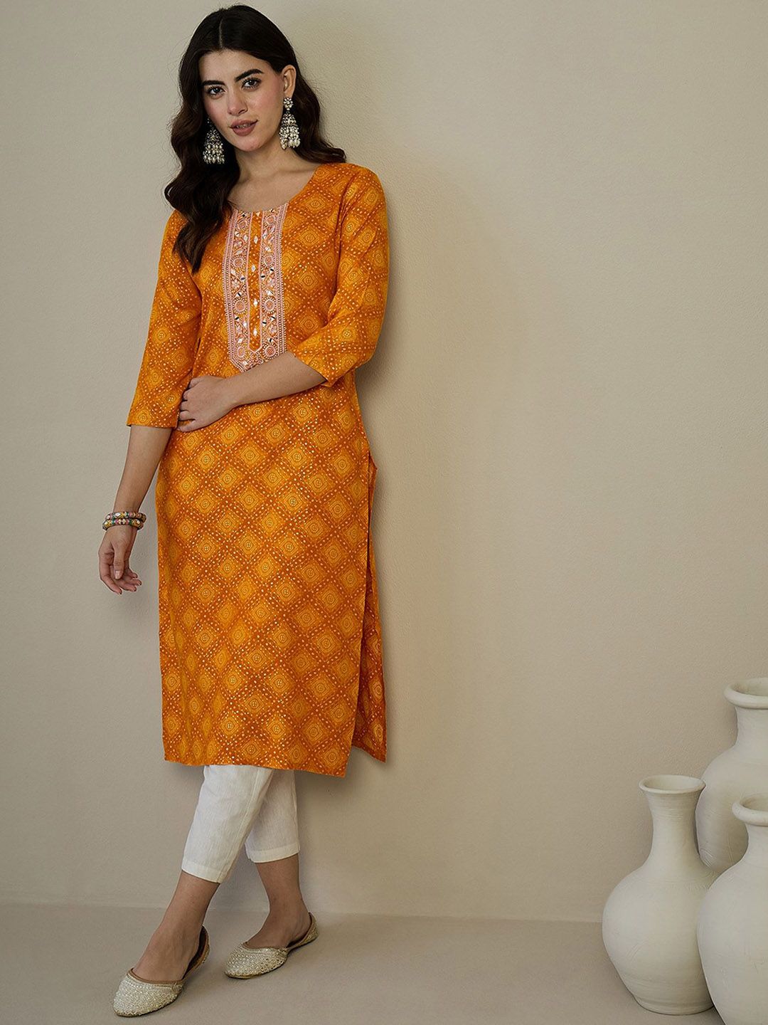 Anouk Mustard Ethnic Motifs Printed Thread Work Straight Kurta