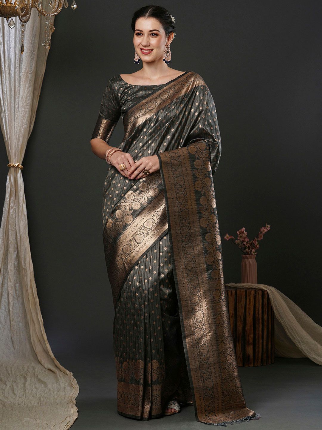 Anouk Grey Ethnic Motifs Woven Design Banarasi Saree