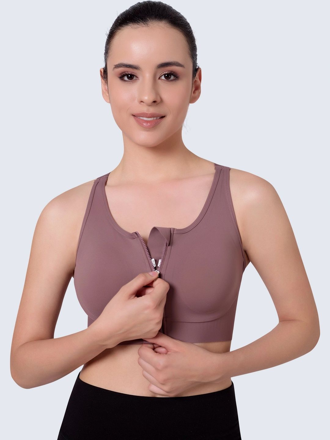 PLUMBURY Full Coverage High Support Front Zip Adjustable Racerback Workout Sports Bra