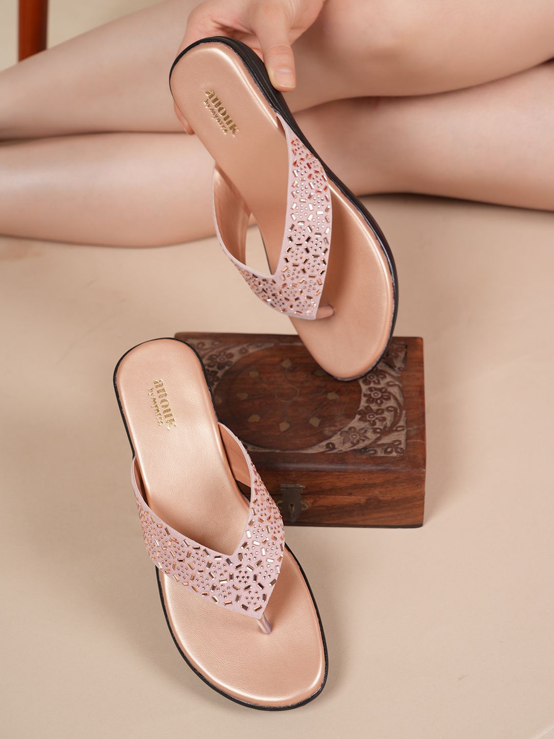 Anouk Rose Gold Toned Embellished Open Toe Wedge Heels