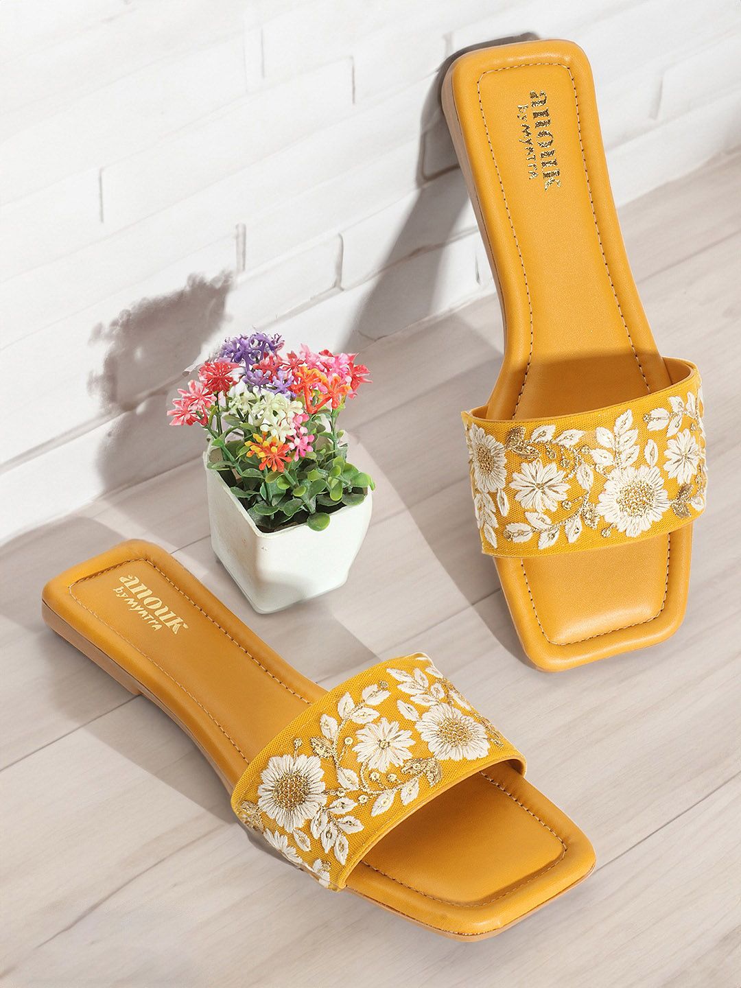 Anouk Mustard Yellow & White Embroidered Open Toe Flats